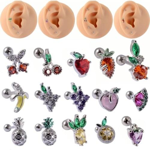 15PCS Ear Cartilage Studs Cute Romantic Helix Tragus Earring Women Girl Fashion Fruit Crystal Body Piercing Jewelry Wholesale