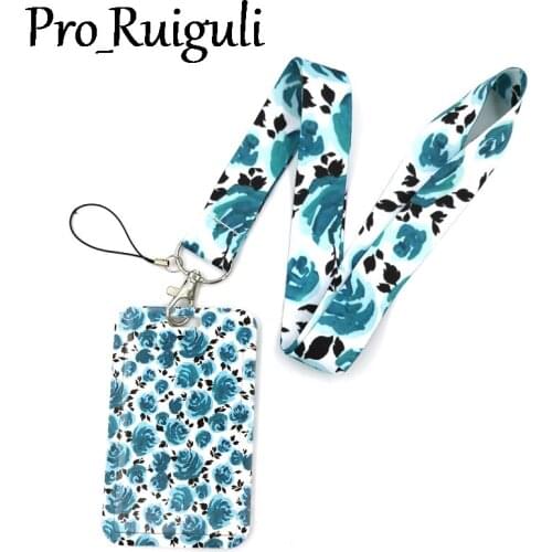 Blue Flower Rose Lanyard Credit Card ID Holder Bag Student Women Travel Card Cover Badge Car Keychain Decorations