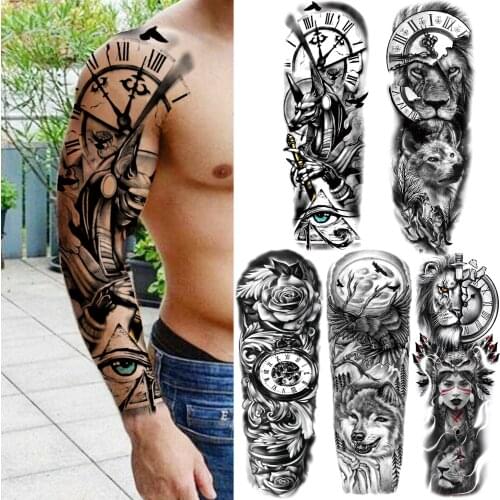 Geometry Compass Eye Temporary Sleeve Tattoos For Men Women Adult Large Lion Wolf Tattoo Sticker Fake Black Flower Tatoos Arm