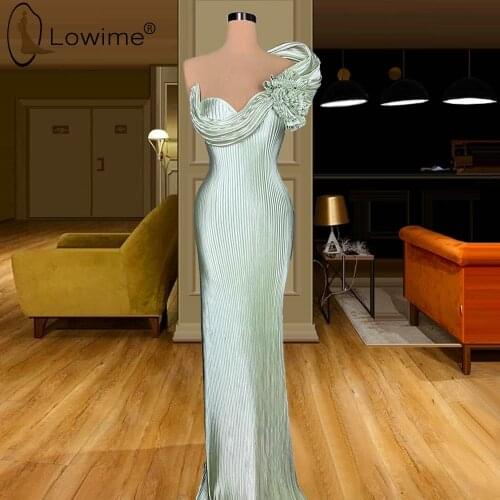 Unique Mint Green Mermaid Crumple Evening Dresses One Shoulder Floor Length Evening Party Gowns vestidos de noite