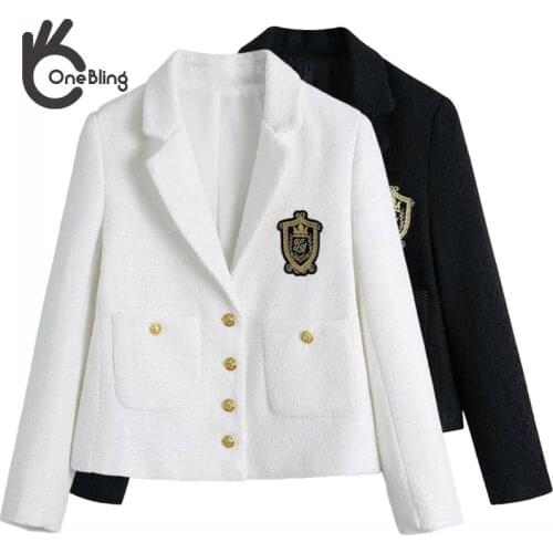 OneBling Vintage College Style Women WhiteTweed Jacket Single-breasted Pocket Female Uniform Coat Casaco Femme Urban Outfits