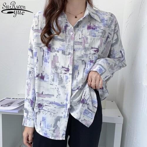Korean Autumn New Vintage Long Sleeve Womens Blouse Fashion Painting Printed Chiffon Blouse Single Breasted Shirts Women 11139