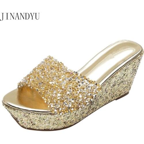 Wedge Slippes Women Summer High Heels Platform Shoes Bling Silver Gold Heels Woman Slippers Fashion Casuales Sexy Sandal Shoe