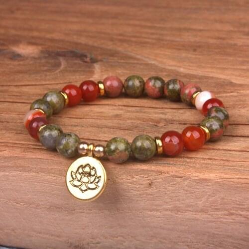 1pcs Om Mala Charm Bracelet Women Lotus Jewelry Beaded Unakite Stones Balance Carnelian Men Karma Bracelet Dropshipping