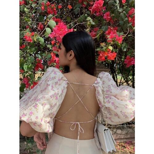 Tossy Floral Print Backless Women Crop Top For Summer Sexy Bandage Lantern Sleeve T-shirt Casual Vintage Streetwear Y2K 2021