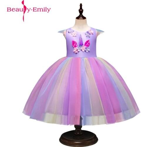 Beauty Emily Knee Length Sleeveless Flower Girls Dress 3 Styles Appliques Colorful Party Costumes Halloween Dress with Sashes