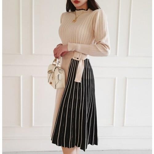 2021 New Autumn Korean Style Women Stand Collar Long Sleeve Fashion Temperament Patchwork Knitted Sweater A-Line Dress