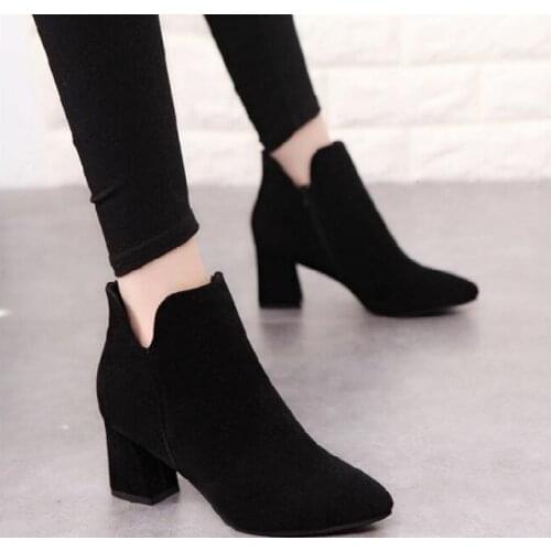 Winter Fashion Women Boots Black Pointed Toe Elastic Ankle Boots Heels Shoes Autumn Winter Female Add velvet to keep warm Boots