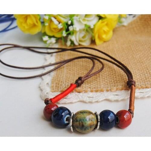 12 Pieces/Lot Ceramic Beads Strand Long Necklace Charm Bead Choker For Women Ethnic Rope Knot Necklaces Sweater Chain Accessory