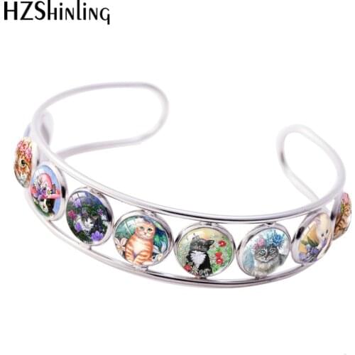 2021 New Flower of Cat Cuff Bracelet Flower Lovely Cats Round Glass Dome Art Photo Jewelry Handmade