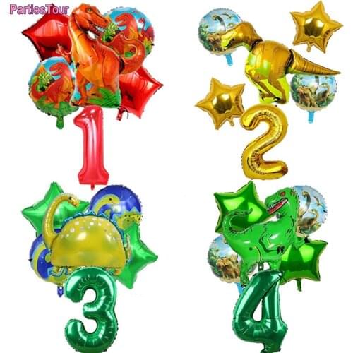 6pcs Big Dinosaur Foil Balloons 32inch Green Foil Number Balloons Dinosaur Party Dino Theme Birthday Jungle Party Decor Globos