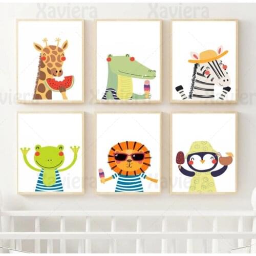 Kindergarten Decor Cartoon Animal Poster Giraffe Crocodile Zebra Penguin Frog Lion Painting Canvas Prints Home Decor Wall Art