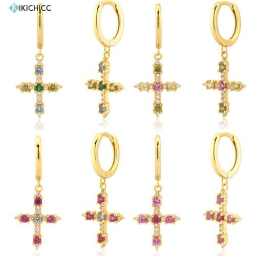 KIKICHICC 925 Sterling Silver Big Rainbow Cross Piercing Drop Earring Olive Blue Pink Red Crystal Luxury Pendiente Clips Jewelry