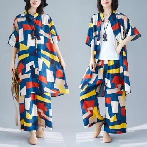 Plus Size Women Two-Piece Set Cotton Linen Summer Lady Top Shirt Loose Big Size Long Pants Fashion Suit Female Print Geometric