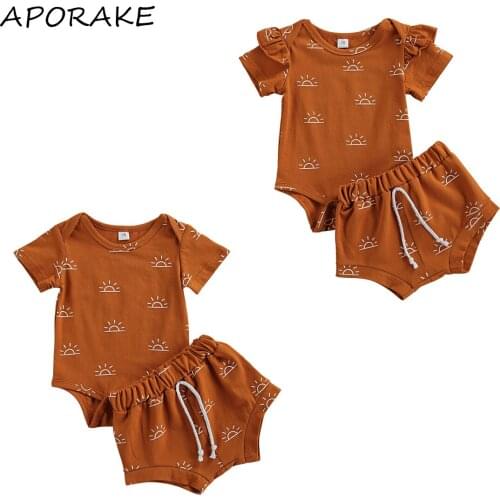 2021 0-18M Baby Girl Boy Sun Clothing Set Summer New Cartoon Print Short Sleeve Romper+High Waist Shorts Cotton 2pcs Outfits Set