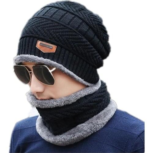Neck warmer winter hat knit cap scarf set fur Wool Lining Thick Warm Knit balaclava Winter Hat Cap Scarf Sets Skullies bonnet