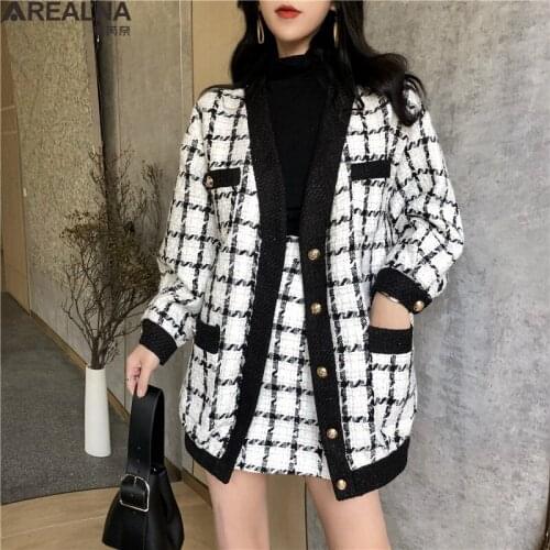 Fashion 2 Piece Set Women Long Sleeve Tweed Wool Jacket Coat+Mini Wool Skirt Set Ladies 2020 Autumn Winter Vintage Clothing Sets
