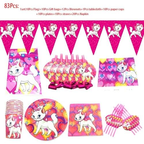 Marie Cat Disposable Tableware Set Tablecloths Straws Banner Plate Background Birthday Party Decorations Baby Shower