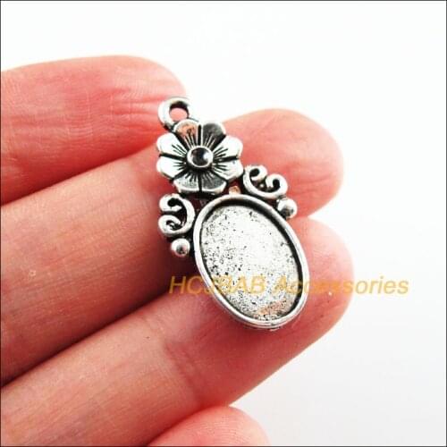 15Pcs Tibetan Silver Tone Flower Oval Picture Frame Charms Pendants 15x29mm