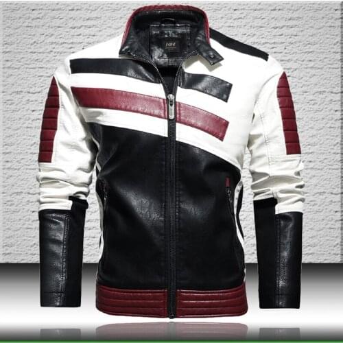 Striped Biker Leather Jacket Men 2021 Fashion Patchwork Moto Jackets Coats Mens Stand Collar Faux Leather Jacket Fashion Style