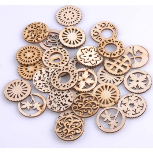 Mixed Pattern Natrual Wooden Scrapbooking Craft Round Random for Home Decoration 30mm 20pcs MT0692