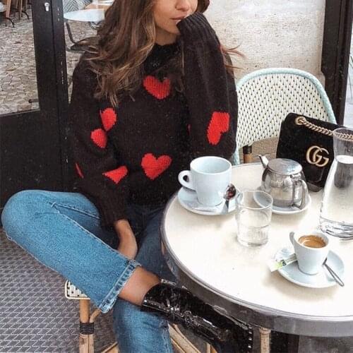 Mock Neck Knitted Womens Sweater Red Heart Print Loose Ladies Sweaters Casual Ins Couple 2021 Autumn Winter New Female Pullover