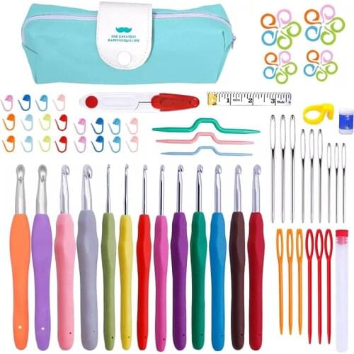 KAOBUY 76PCS Ergonomic Handle Crochet Hooks Set With Knitting Needles, Large Eye Blunt Needles,Plastic Stitch Markers