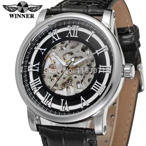 WRG8051M3S1 Latest Winner Mechanical skeleton men watch with gift box black leather strap factory company free shipping