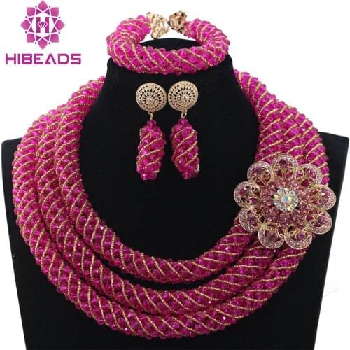 Hot Pink Jewelry Sets Women African Beads Crystal Wedding Necklace Set New Style Jewelry Gift Free Shipping WD880