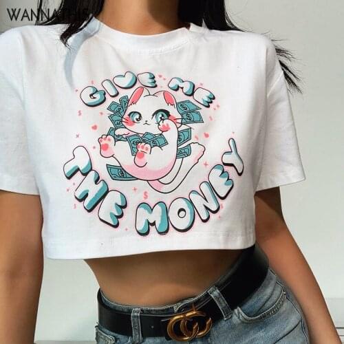 WannaThis Front Cartoon Print Short Sleeve Cropped T-Shirts Loose Fashion Summer Streetwear Top Women White Funny Cat Print New
