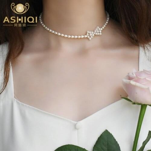 ASHIQI Natural Freshwater Pearl Bow Choker Necklace 925 Sterling Silver Jewelry for Women Gift