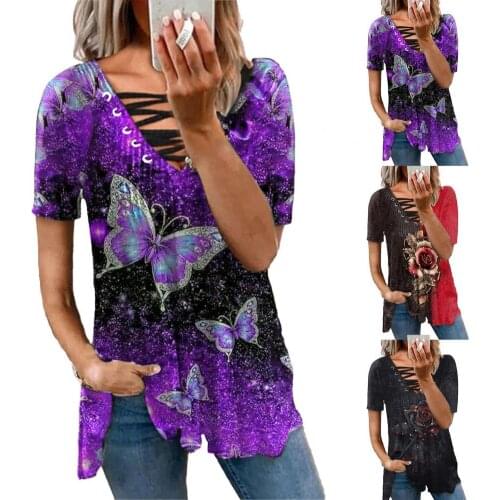 Women V-neck Butterfly Print Top Summer Hollow Sexy Loose Womens Top Summer Casual Pullover T-shirt Out T-shirt for Dating