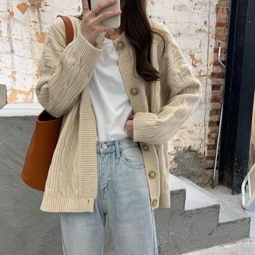 2021 Womens Autumn Winter Loose Twist Knitted Coats Female O-neck Cardigan Jackets Ladies Thick Warm Sweater Outerwear Y463