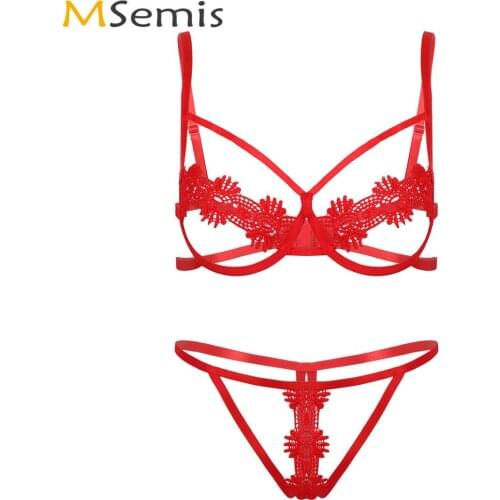 Women Erotic Lenceria Nightwear Porno Hollow Out Bare Breast Bra with Open Butt G-String Briefs Exotic Apparel Lace Lingerie Set
