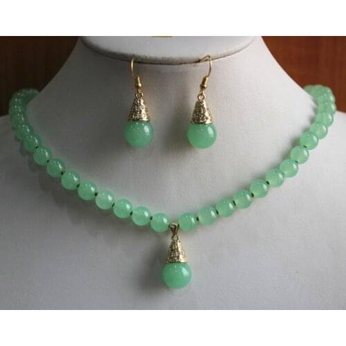 2 styles ladys 8mm light green jades nice necklace Natural Stone/pearl hook earring&pendant necklace jewelry set