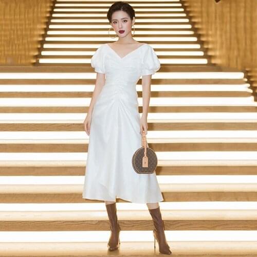 2021 Spring Summer new white ladies Mid Length dress Puff sleeves V-neck pleated elegant fold dress Suitable for Wedding party