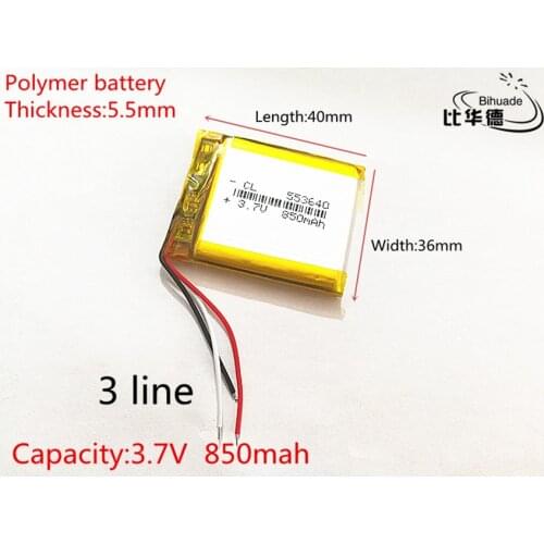 3 line 3.7V,850mAH,553640 PLIB; polymer lithium ion / Li-ion battery for GPS,mp3,mp4,mp5,dvd,bluetooth,model toy mobile bluetoo