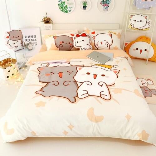 4Pcs Set Kawaii Cat Bed Sheet Cotton Bedding Set Soft Comforter Cover Twin Full Queen Size For Girls Bed Pillowcases And Sheets