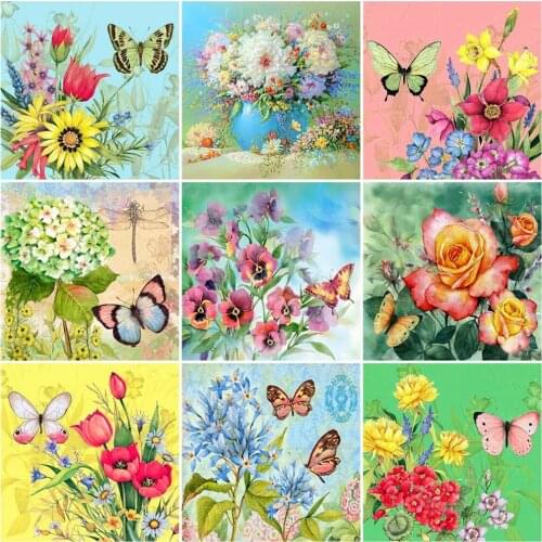 HUACAN Diamond Painting Flowers 5D Wall Decoration Diamond Embroidery Butterfly Mosaic Bedroom Decoration