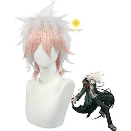 Anime Danganronpa Nagito Komaeda Cosplay Wig Short White Pink Wig Dangan Ronpa Synthetic Hair + Free Wig Cap Party Role Play