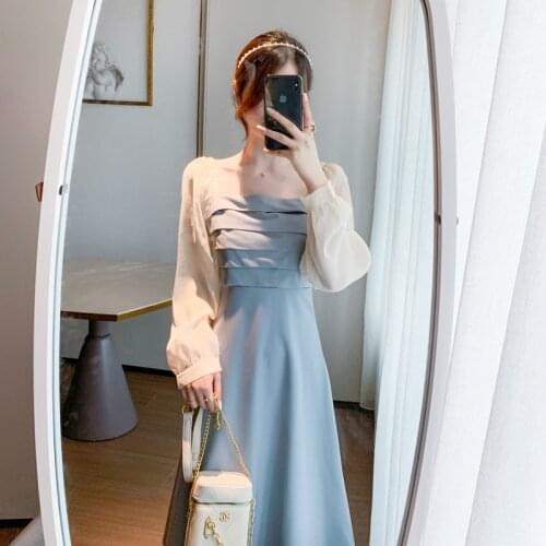 COIGARSAM Patchwork Women one-piece dress korean New Spring Full Sleeve Chiffon Lurex Dresses Blue Black 5617