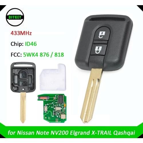 DIYKEY Remote Key Fob 433MHz ID46 PCF7946 2 Button for Nissan Note NV200 Elgrand X-TRAIL Qashqai Navara Micra, 5WK4 876 / 818