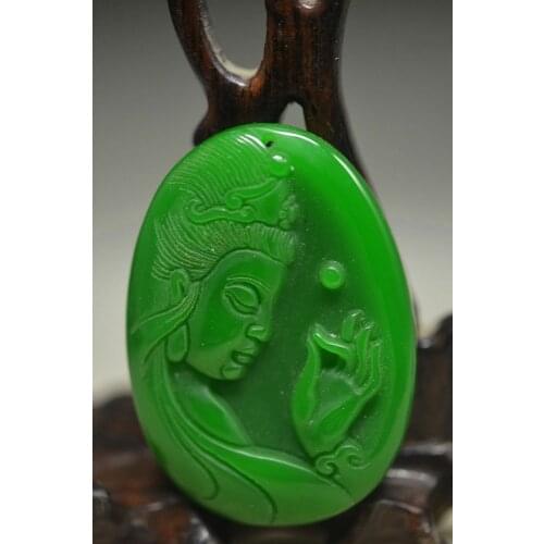 Collection Chinese Natural Green Jade Hand Carved Guan Yin Kwan-yin Bodhisattva Beautiful Necklace Pendant Buddha Statue