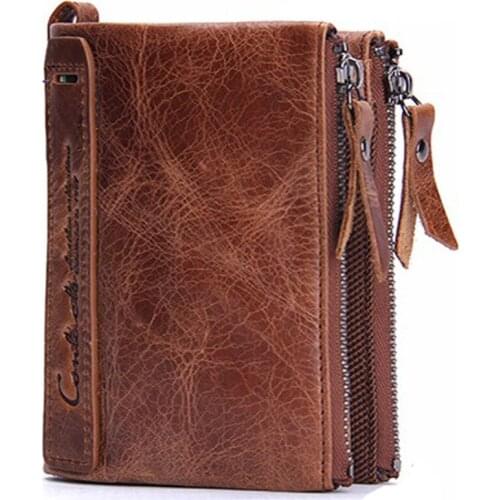 Leather Mens Wallet Short Fashion Coin Purse Crazy Horse Cowhide Card Holder Double Zipper Wallets