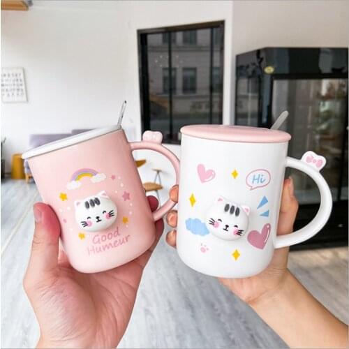 Cute Cat Ceramic Mugs With Lid Korean Style 400mL Lovely Breakfast Milk Tea Coffee Drinking Water Cup