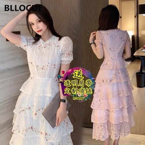 BLLOCUE Fashion Designer Runway Lace Embroidery Cake Dress 2020 Summer New Women Short Sleeve Ruffle Layered Dress