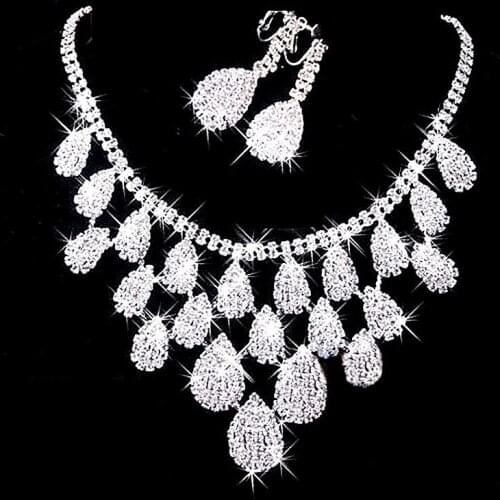 Trendy Female Water Drop Jewelry Set Charm Silver Color Dangle Earring For Women Dainty White Zircon Wedding Chain Necklace