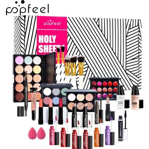 POPFEEL 30-piece Makeup Set Eye Shadow Lipstick Eyebrow Pencil Lip Gloss Makeup Brush Powder Puff With Makeup Bag Full Starter