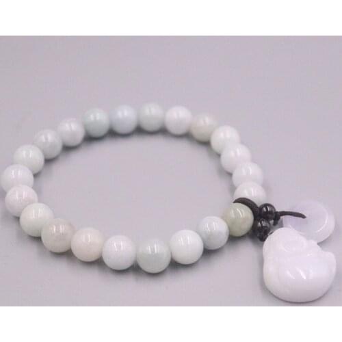Genuine Real Natural Grade A Jade Jadeite 7.5mm Beads with Buddha Charm Bracelet For Women