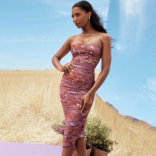 2021 New Summer Women purple hot pink strapless sheer mesh midi Dress Party Eveing Dress Wholesale dropship